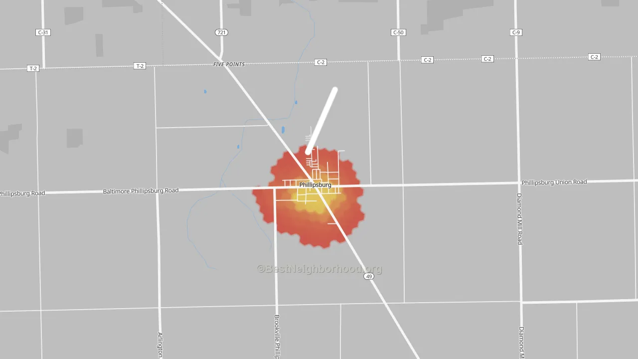 Walk Grade map of 45354, OH, walkable areas in green and car-dependent areas in red
