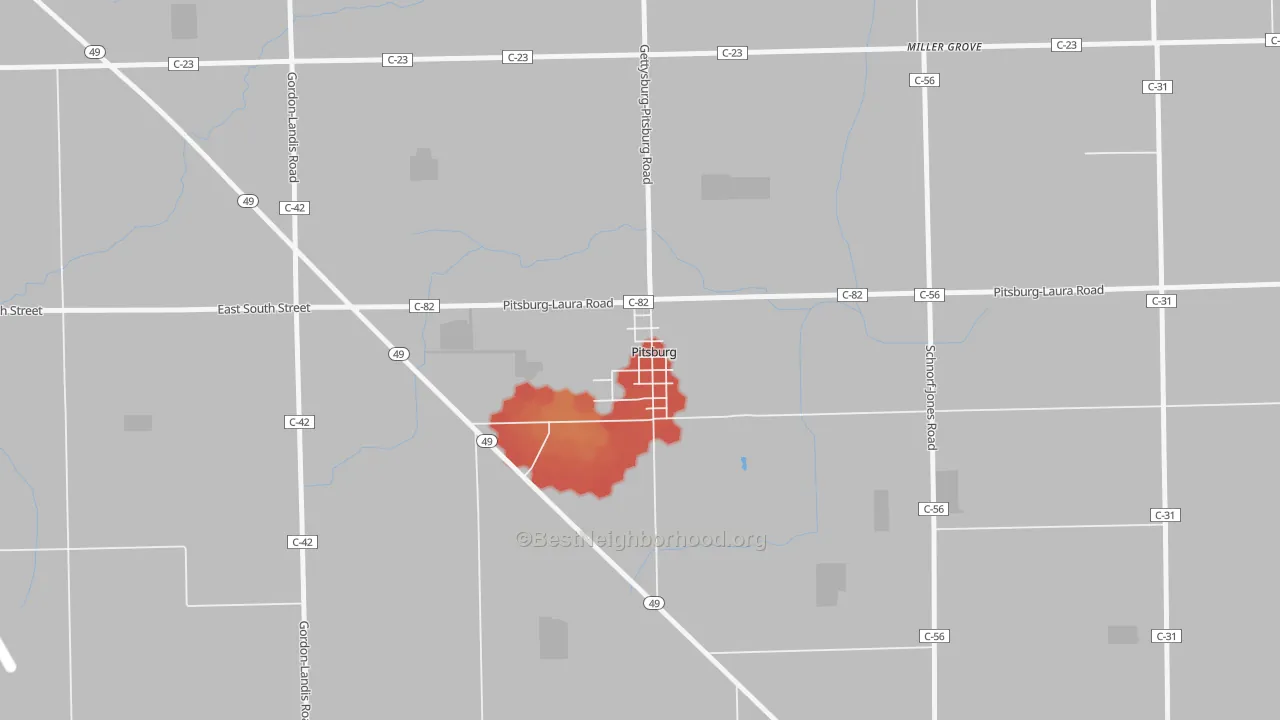 Walk Grade map of 45358, OH, walkable areas in green and car-dependent areas in red