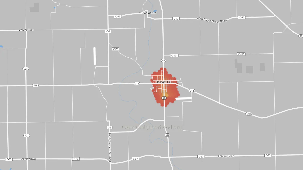 Walk Grade map of 45359, OH, walkable areas in green and car-dependent areas in red