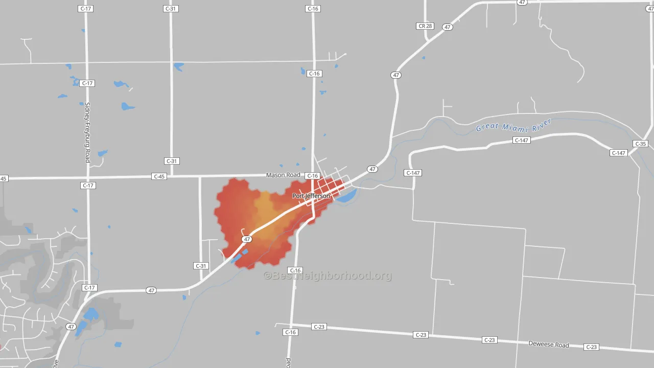 Walk Grade map of 45360, OH, walkable areas in green and car-dependent areas in red