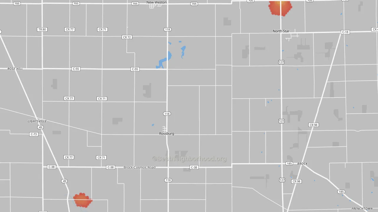 Walk Grade map of 45362, OH, walkable areas in green and car-dependent areas in red
