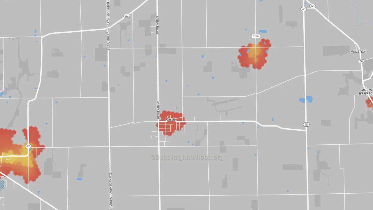 Walk Grade map of 45363, OH, walkable areas in green and car-dependent areas in red