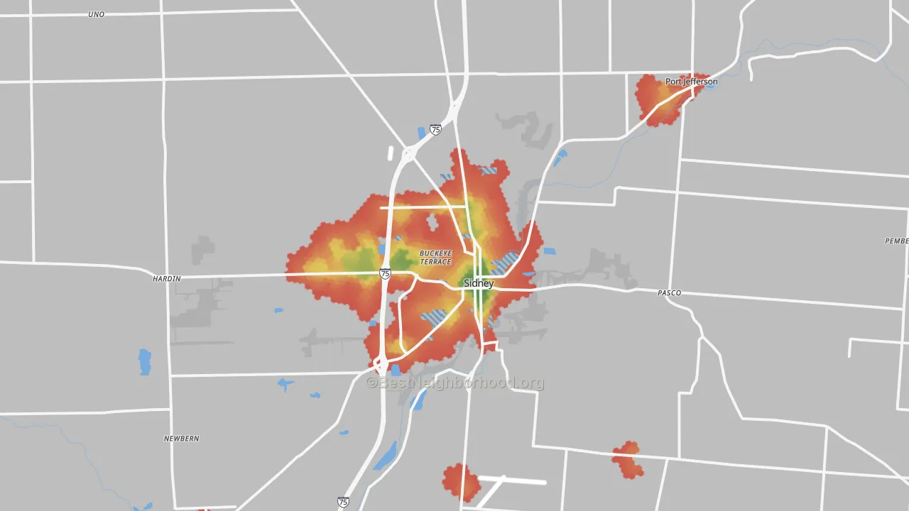 Walk Grade map of 45365, OH, walkable areas in green and car-dependent areas in red