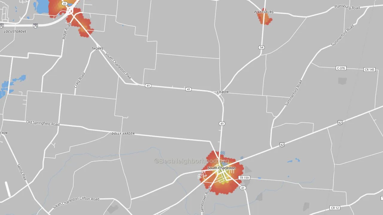 Walk Grade map of 45368, OH, walkable areas in green and car-dependent areas in red