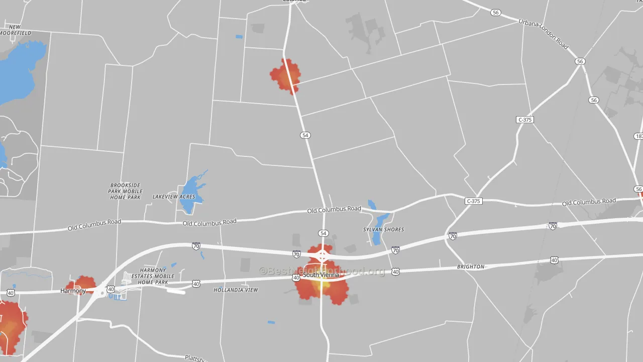 Walk Grade map of 45369, OH, walkable areas in green and car-dependent areas in red
