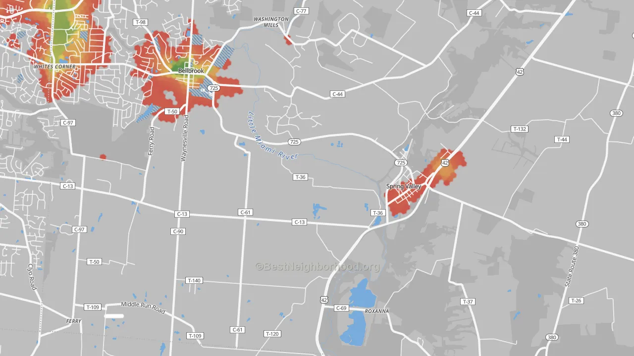 Walk Grade map of 45370, OH, walkable areas in green and car-dependent areas in red