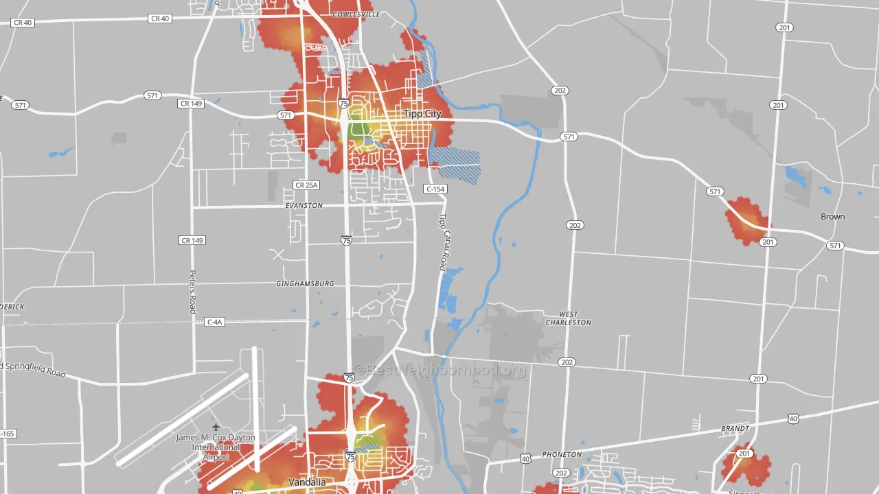 Walk Grade map of 45371, OH, walkable areas in green and car-dependent areas in red