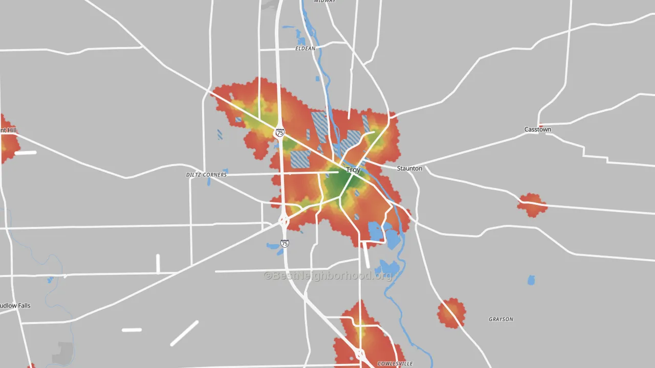 Walk Grade map of 45373, OH, walkable areas in green and car-dependent areas in red