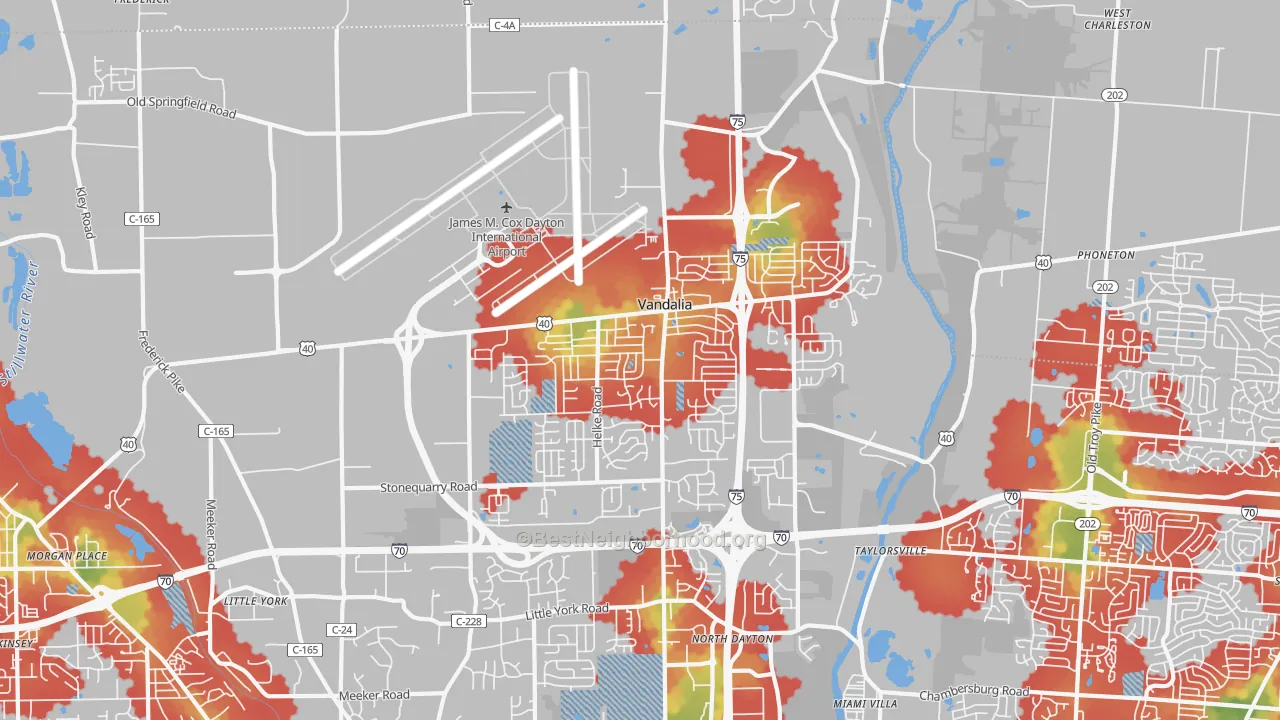 Walk Grade map of 45377, OH, walkable areas in green and car-dependent areas in red