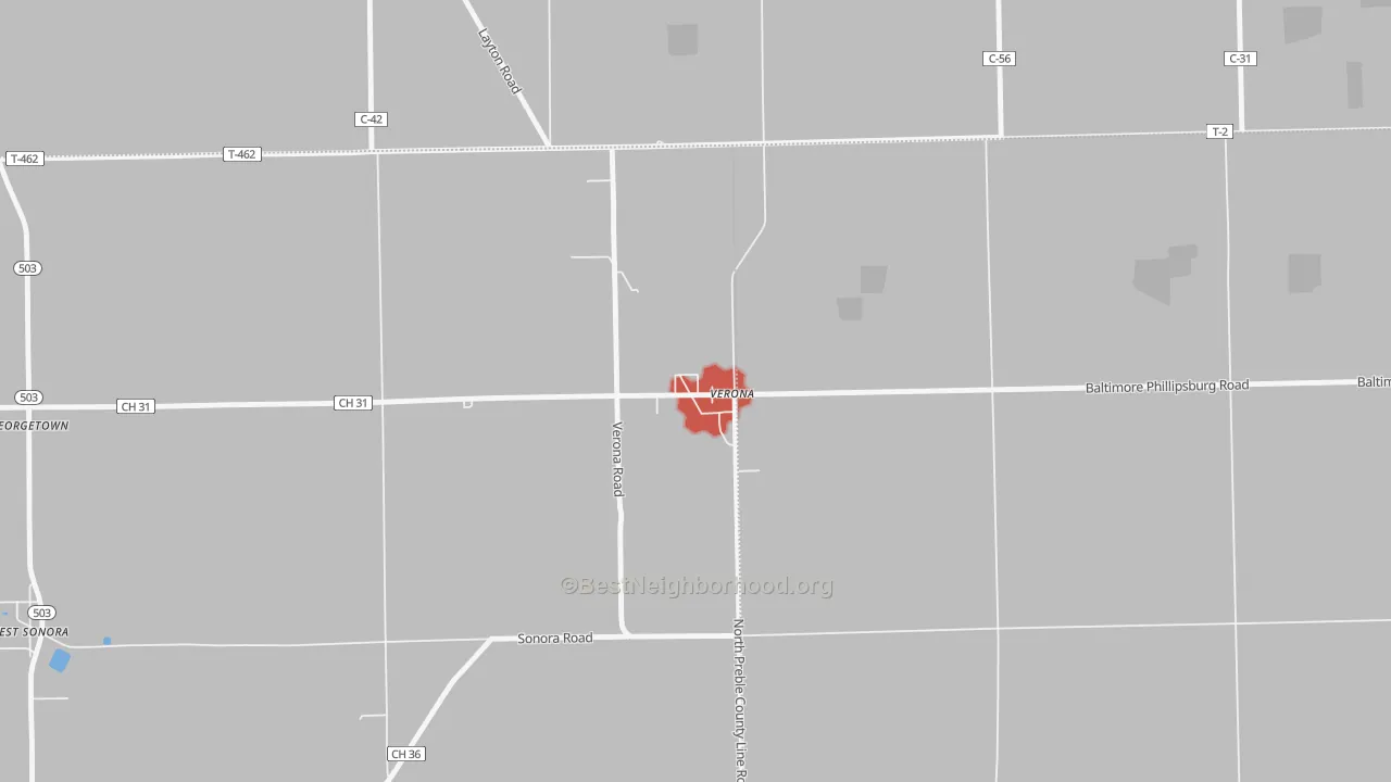 Walk Grade map of 45378, OH, walkable areas in green and car-dependent areas in red