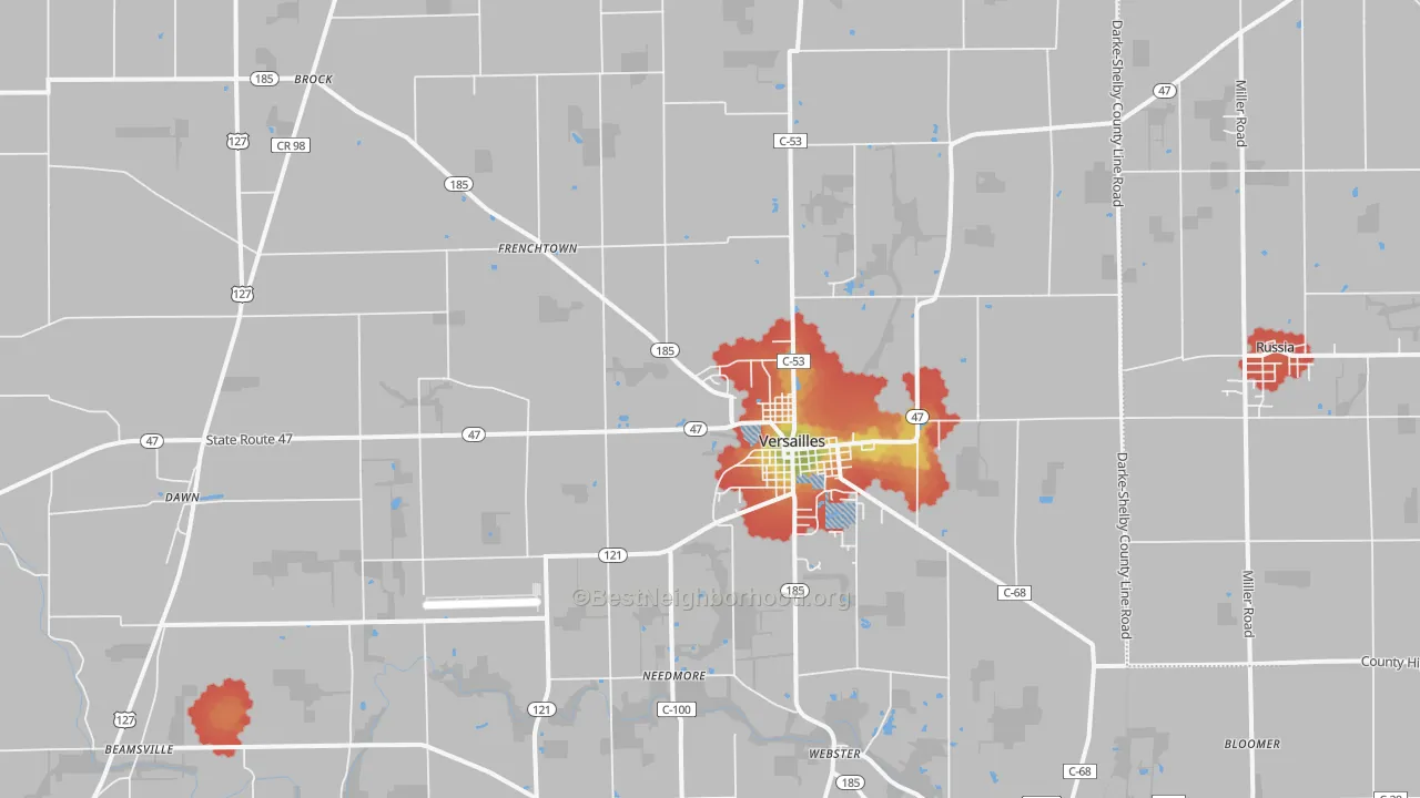 Walk Grade map of 45380, OH, walkable areas in green and car-dependent areas in red