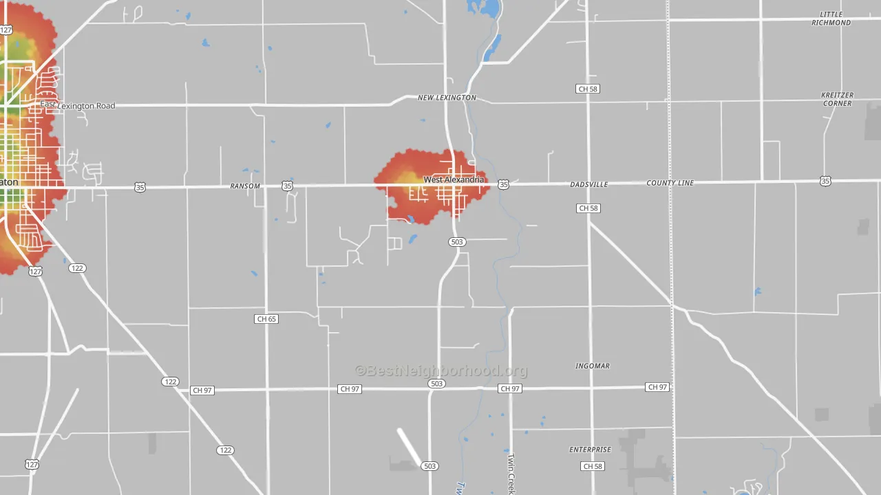 Walk Grade map of 45381, OH, walkable areas in green and car-dependent areas in red