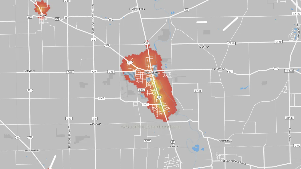 Walk Grade map of 45383, OH, walkable areas in green and car-dependent areas in red