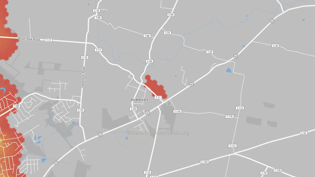 Walk Grade map of 45384, OH, walkable areas in green and car-dependent areas in red