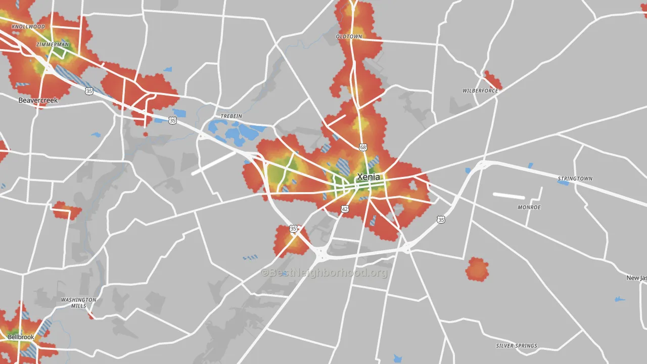 Walk Grade map of 45385, OH, walkable areas in green and car-dependent areas in red