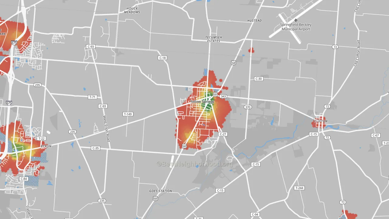 Walk Grade map of 45387, OH, walkable areas in green and car-dependent areas in red