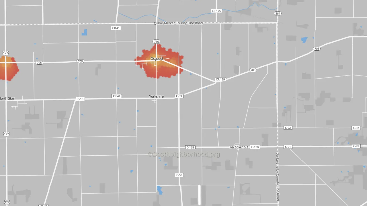Walk Grade map of 45388, OH, walkable areas in green and car-dependent areas in red