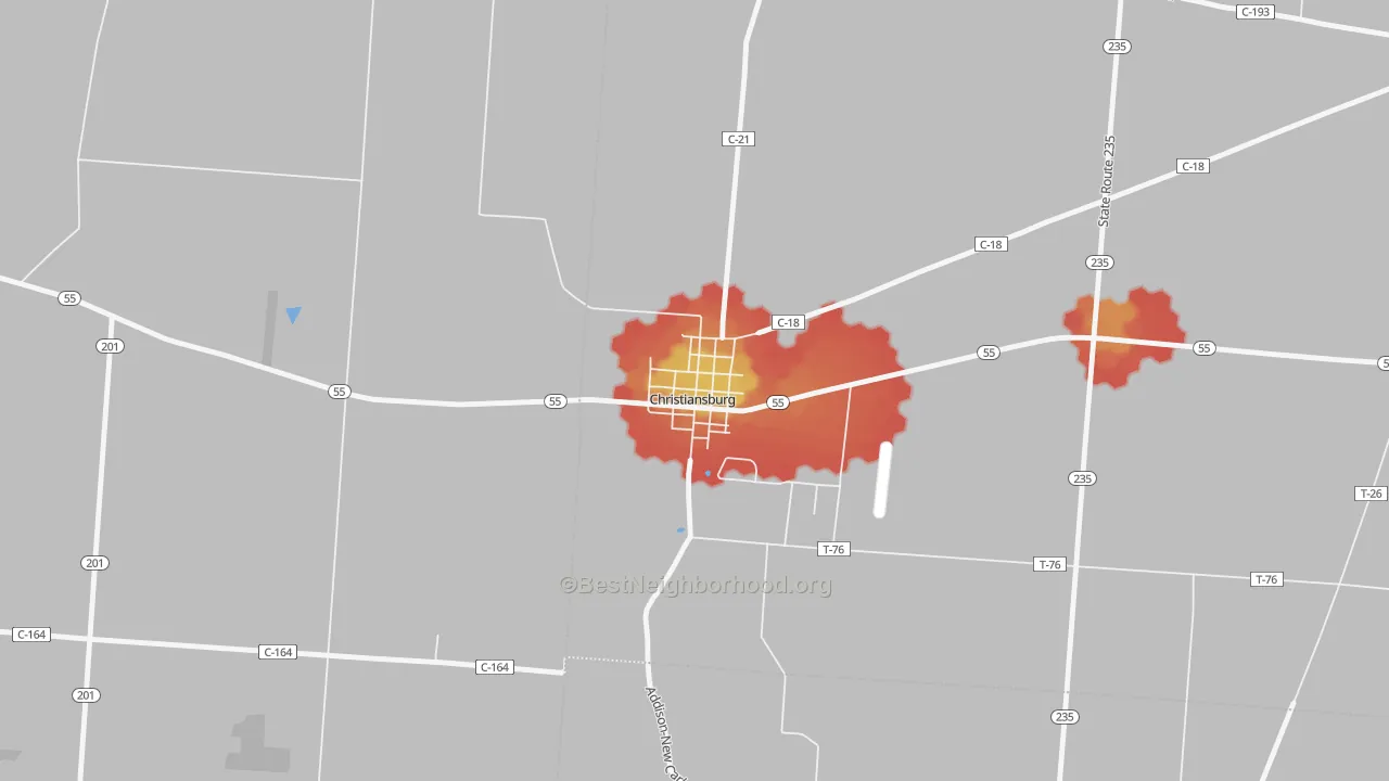 Walk Grade map of 45389, OH, walkable areas in green and car-dependent areas in red