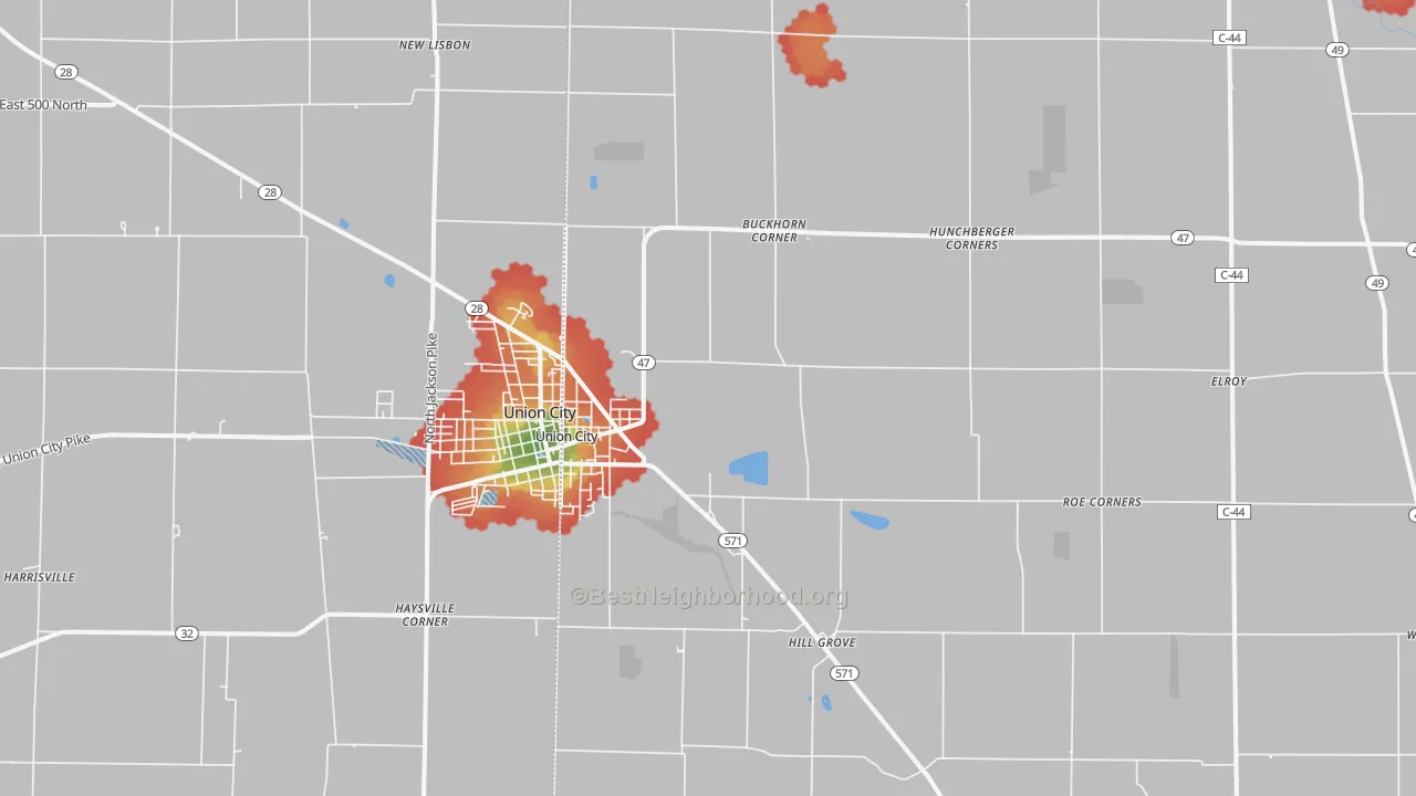 Walk Grade map of 45390, OH, walkable areas in green and car-dependent areas in red