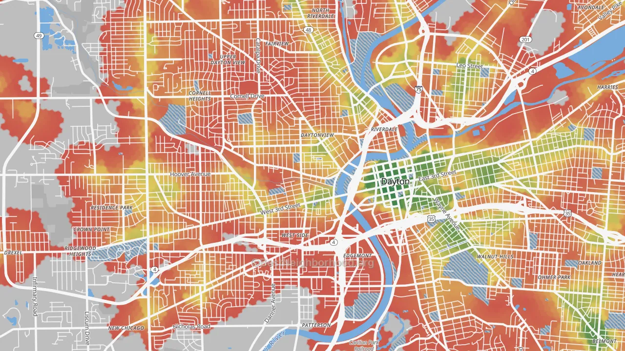 Walk Grade map of 45402, OH, walkable areas in green and car-dependent areas in red