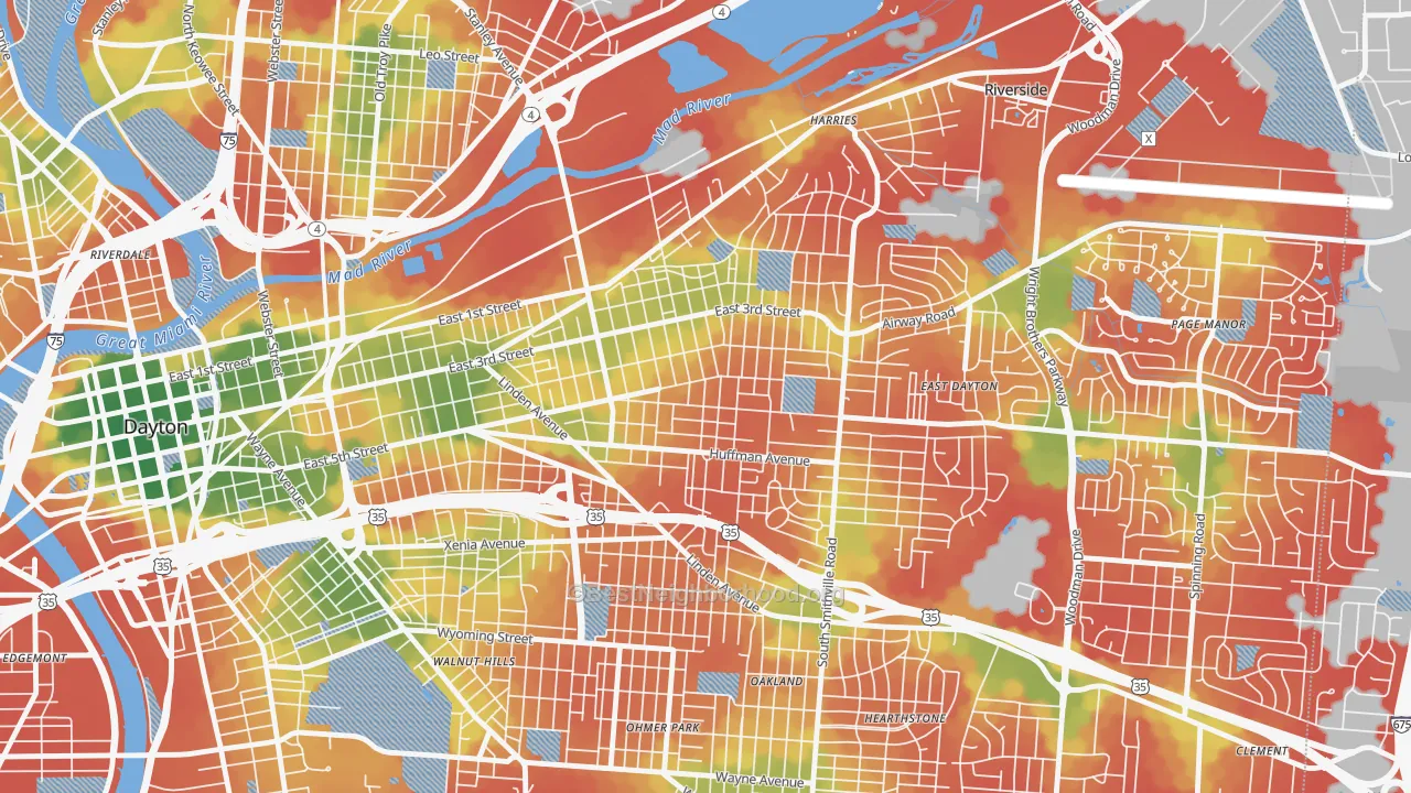 Walk Grade map of 45403, OH, walkable areas in green and car-dependent areas in red