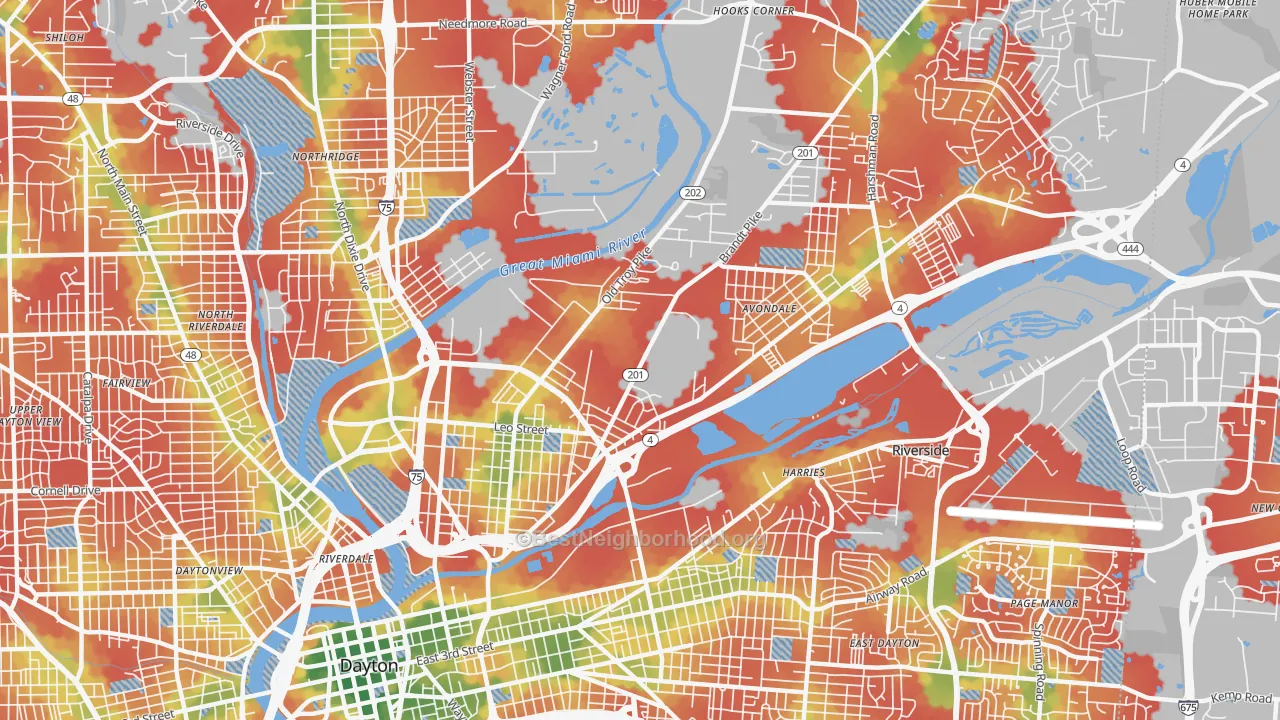 Walk Grade map of 45404, OH, walkable areas in green and car-dependent areas in red