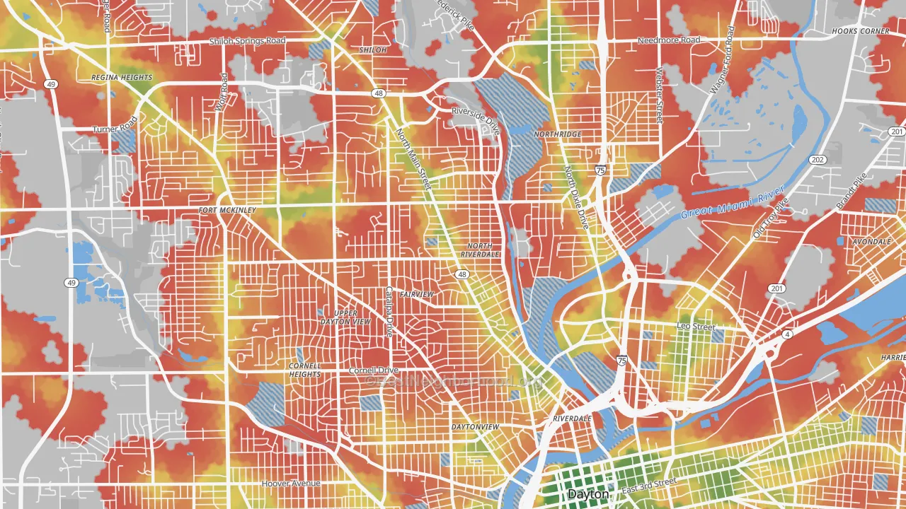 Walk Grade map of 45405, OH, walkable areas in green and car-dependent areas in red