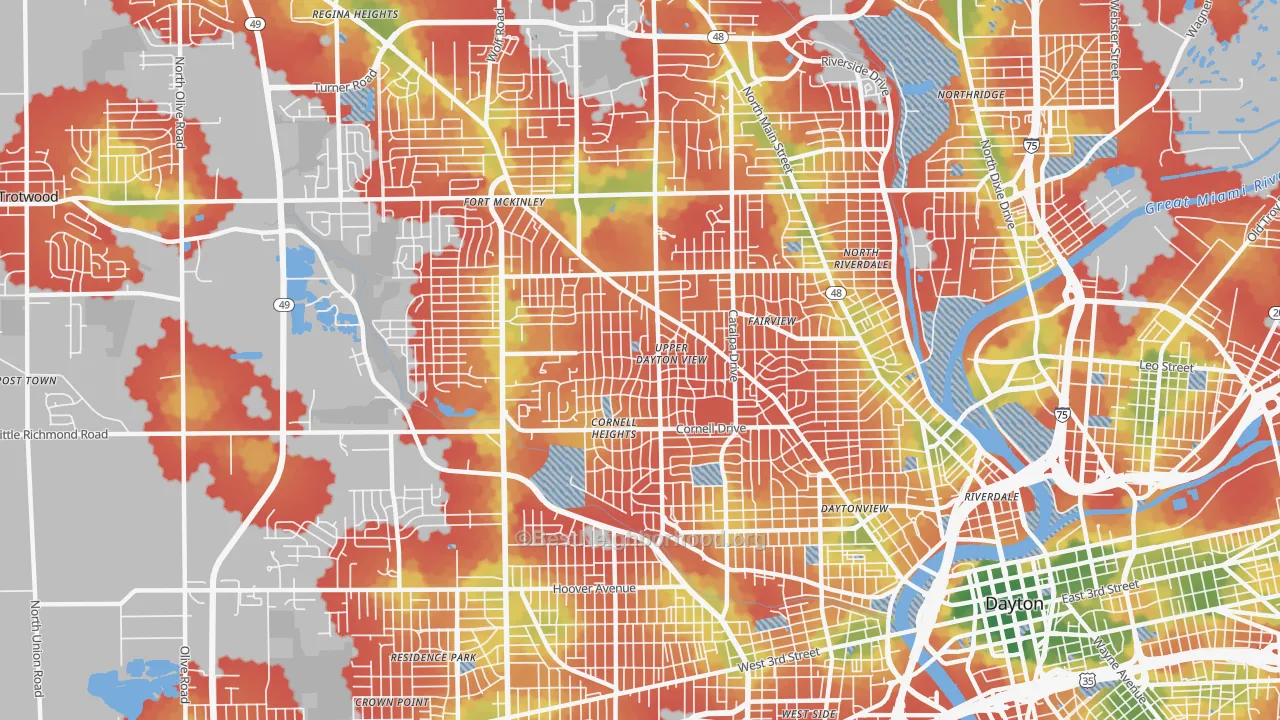 Walk Grade map of 45406, OH, walkable areas in green and car-dependent areas in red