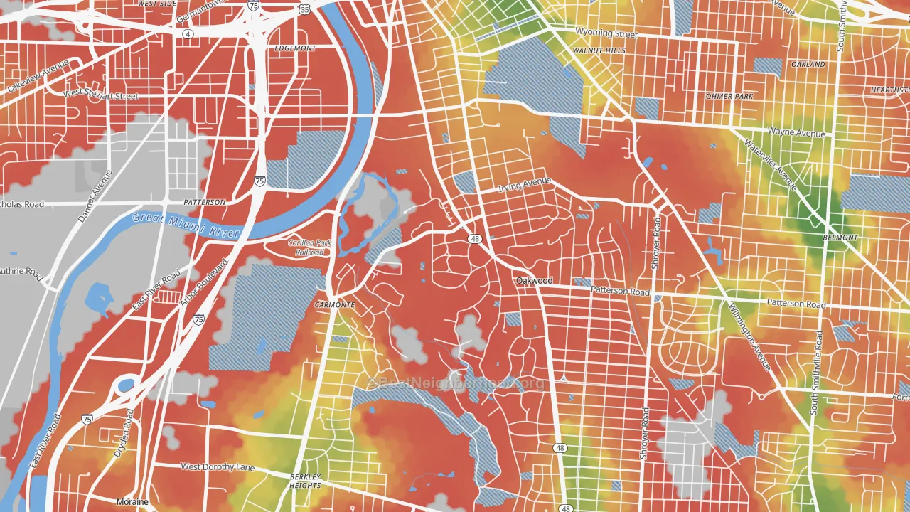 Walk Grade map of 45409, OH, walkable areas in green and car-dependent areas in red