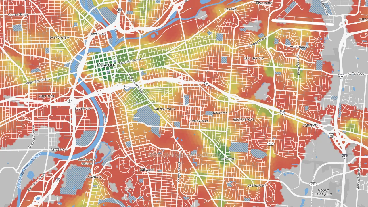 Walk Grade map of 45410, OH, walkable areas in green and car-dependent areas in red