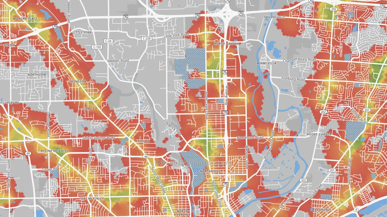 Walk Grade map of 45414, OH, walkable areas in green and car-dependent areas in red