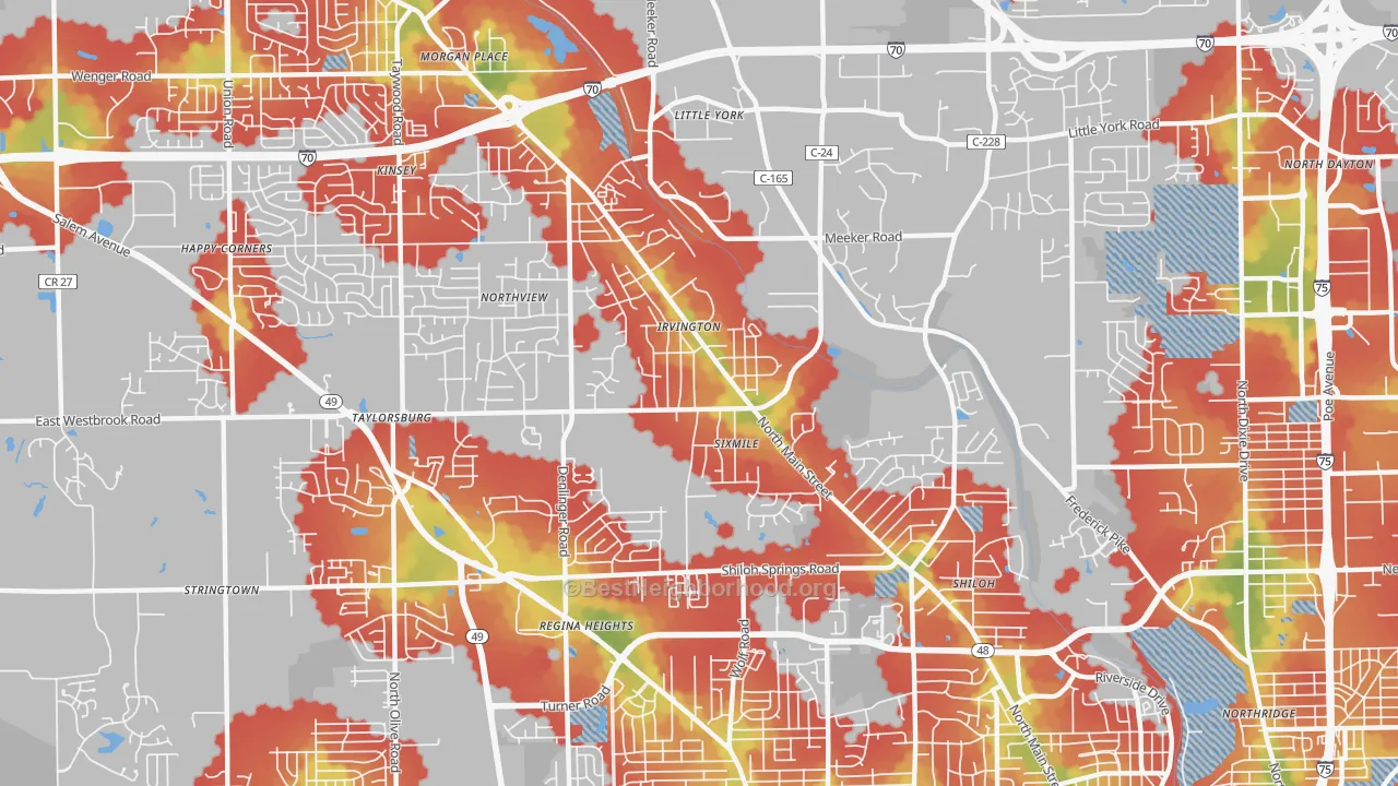 Walk Grade map of 45415, OH, walkable areas in green and car-dependent areas in red