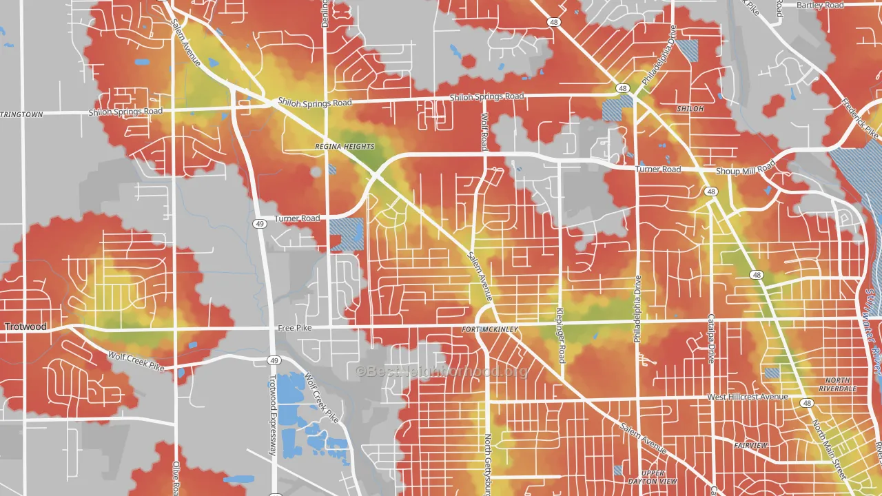 Walk Grade map of 45416, OH, walkable areas in green and car-dependent areas in red