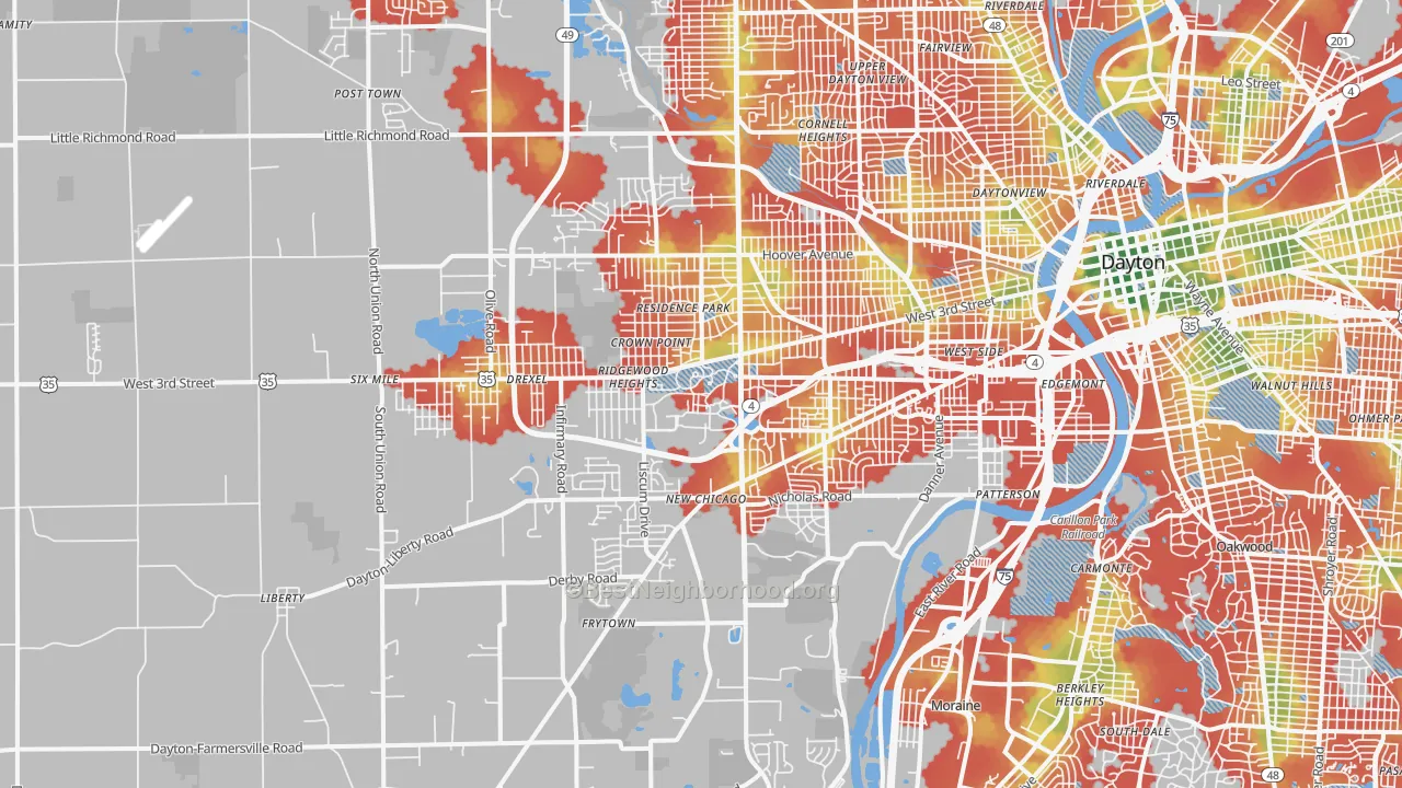 Walk Grade map of 45417, OH, walkable areas in green and car-dependent areas in red