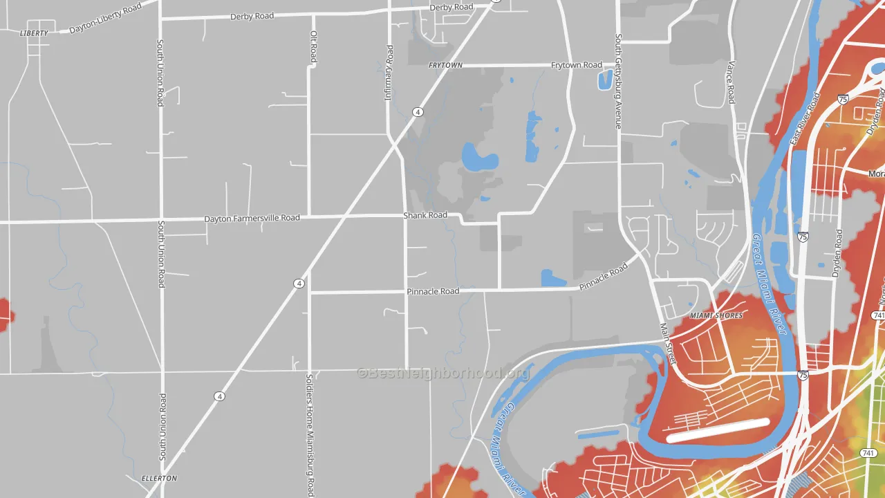 Walk Grade map of 45418, OH, walkable areas in green and car-dependent areas in red
