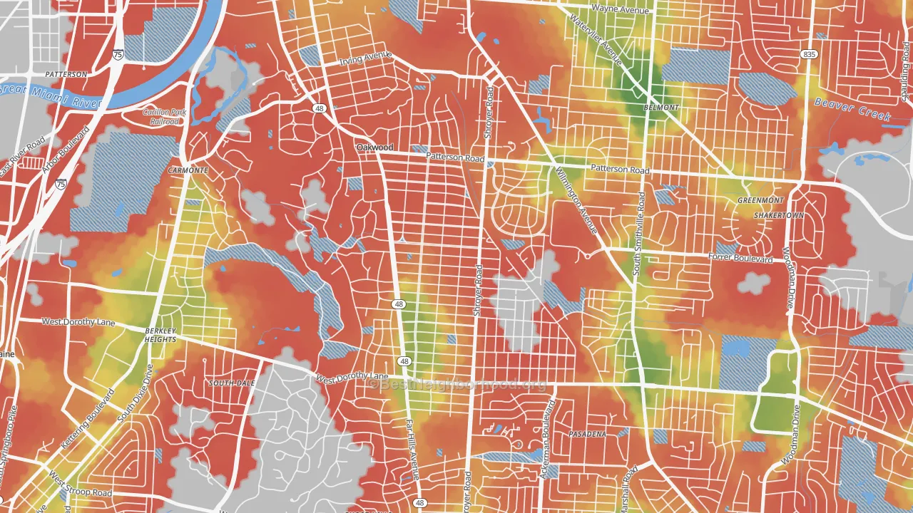 Walk Grade map of 45419, OH, walkable areas in green and car-dependent areas in red