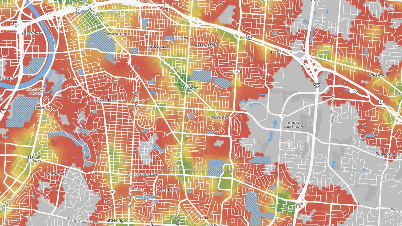 Walk Grade map of 45420, OH, walkable areas in green and car-dependent areas in red
