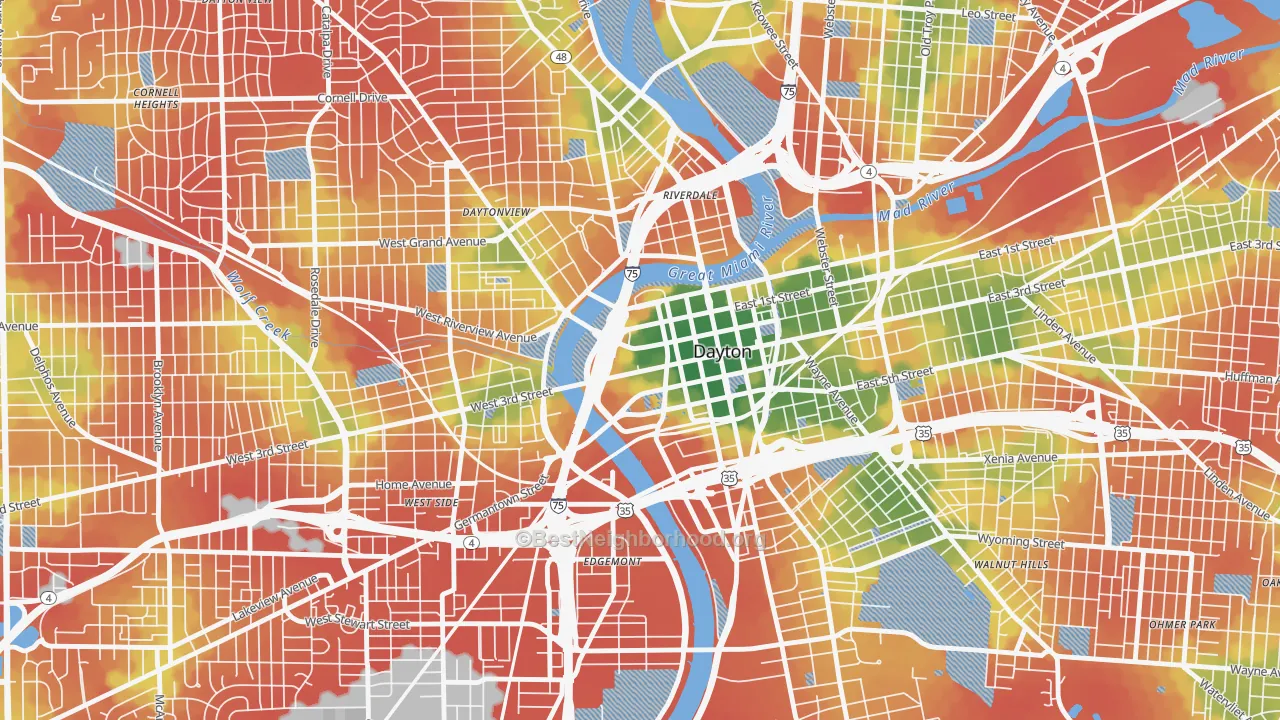 Walk Grade map of 45422, OH, walkable areas in green and car-dependent areas in red