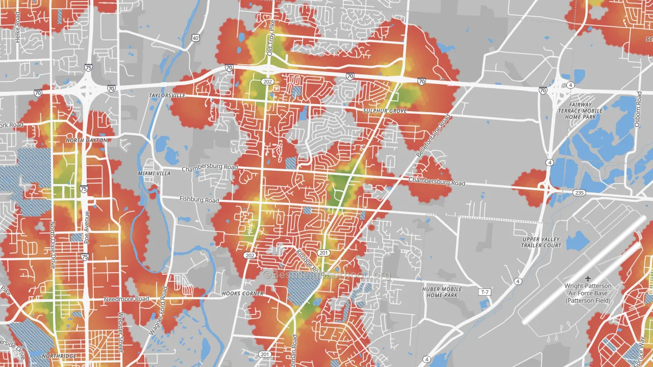 Walk Grade map of 45424, OH, walkable areas in green and car-dependent areas in red