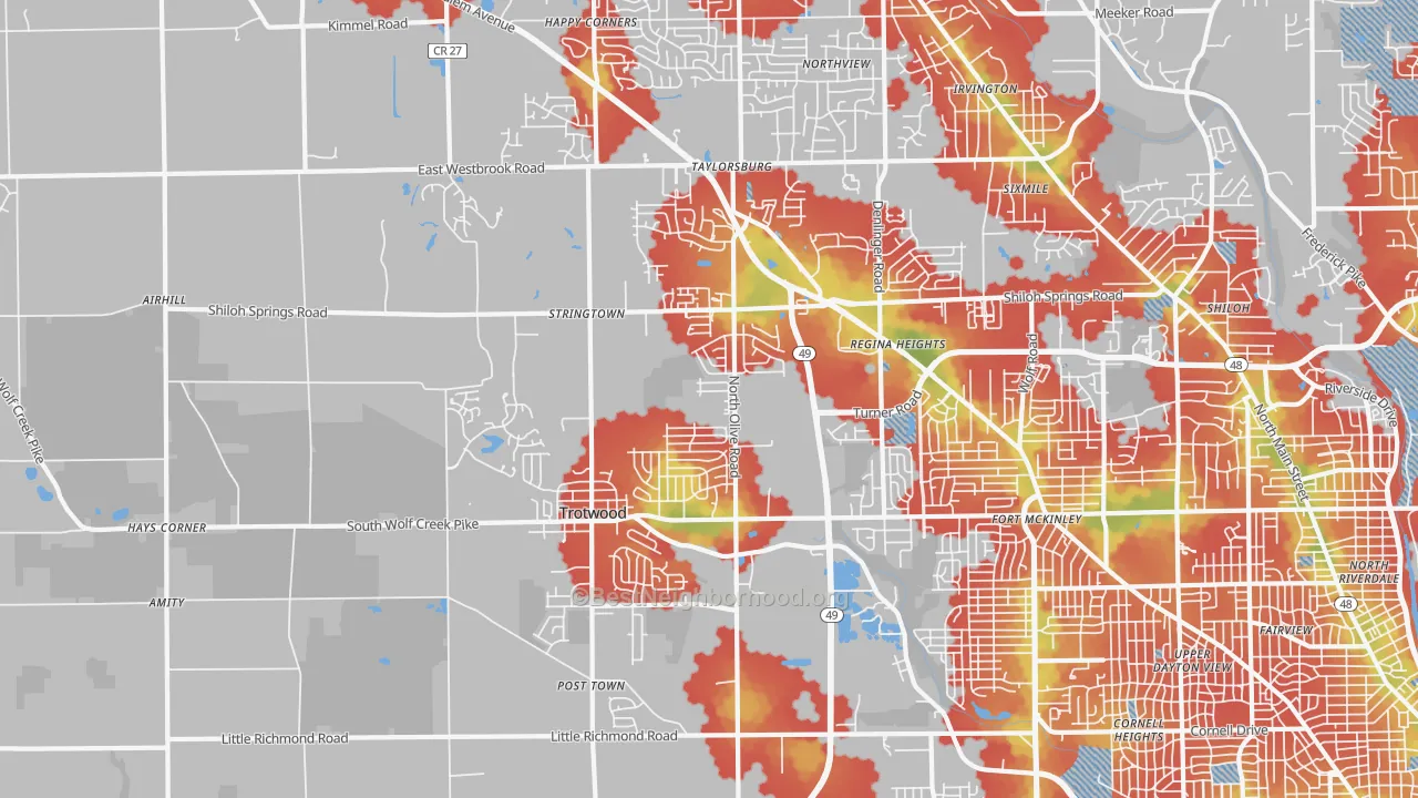 Walk Grade map of 45426, OH, walkable areas in green and car-dependent areas in red