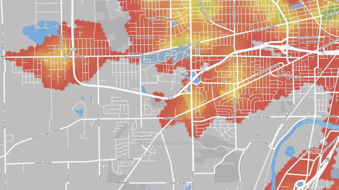 Walk Grade map of 45428, OH, walkable areas in green and car-dependent areas in red
