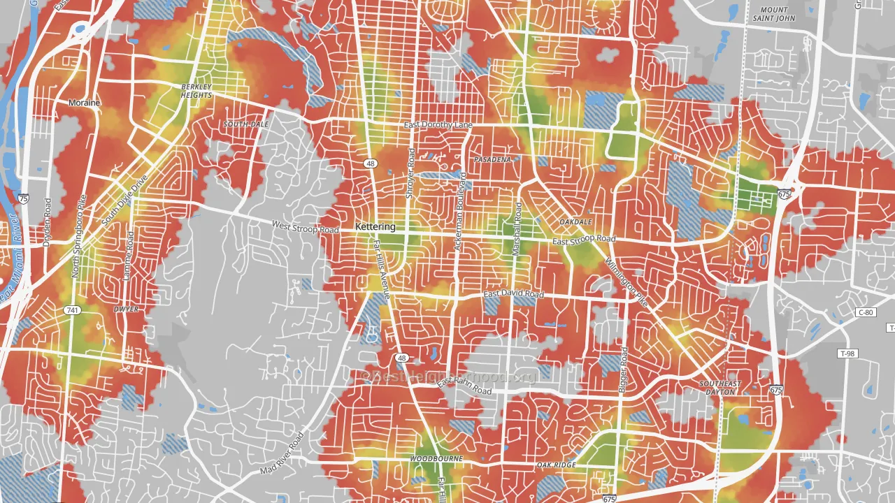 Walk Grade map of 45429, OH, walkable areas in green and car-dependent areas in red