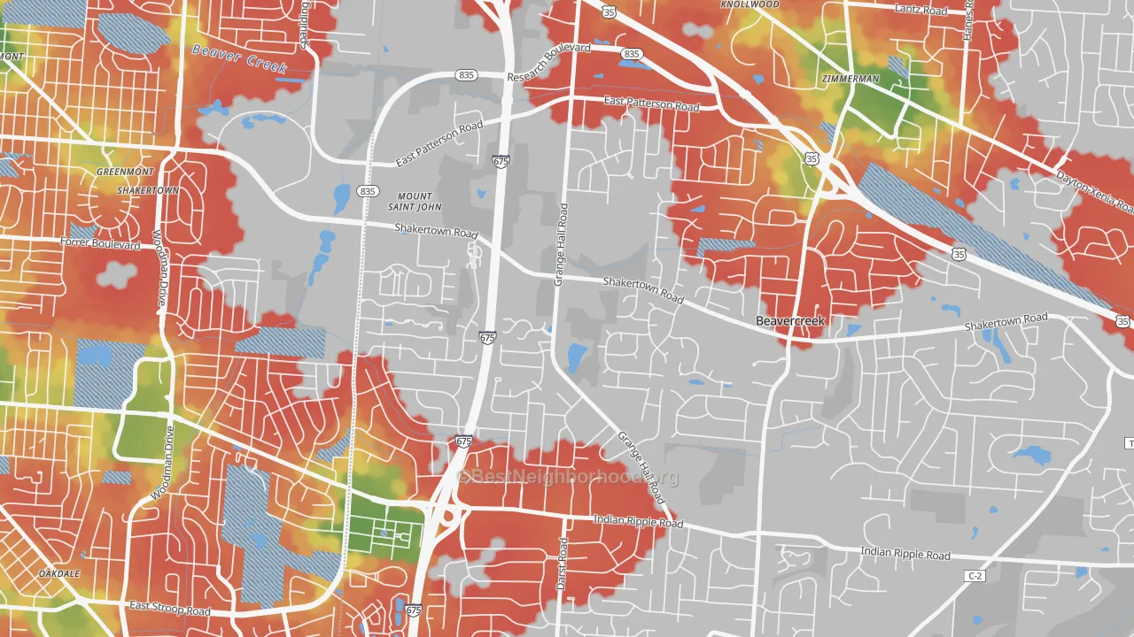 Walk Grade map of 45430, OH, walkable areas in green and car-dependent areas in red