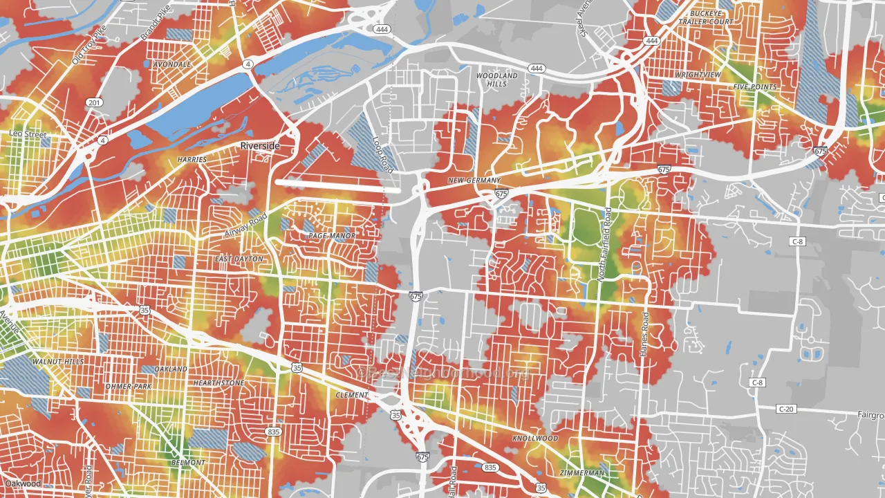 Walk Grade map of 45431, OH, walkable areas in green and car-dependent areas in red