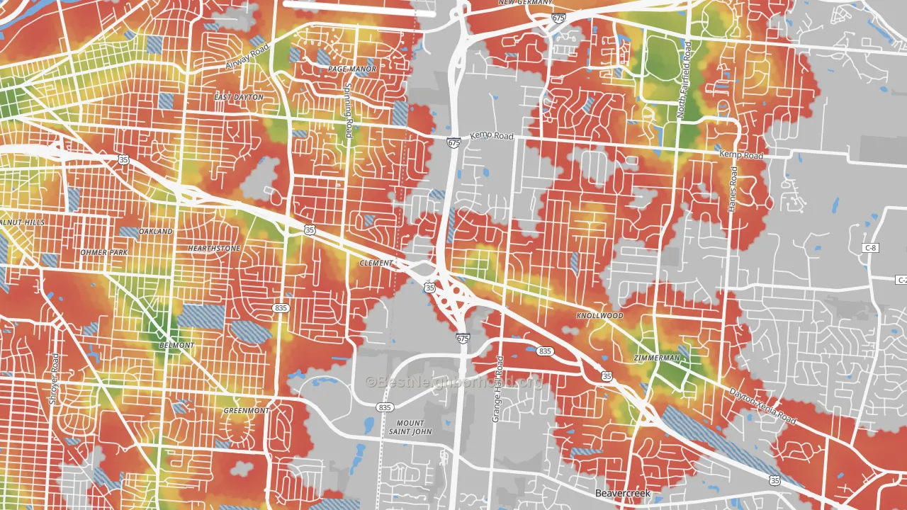 Walk Grade map of 45432, OH, walkable areas in green and car-dependent areas in red