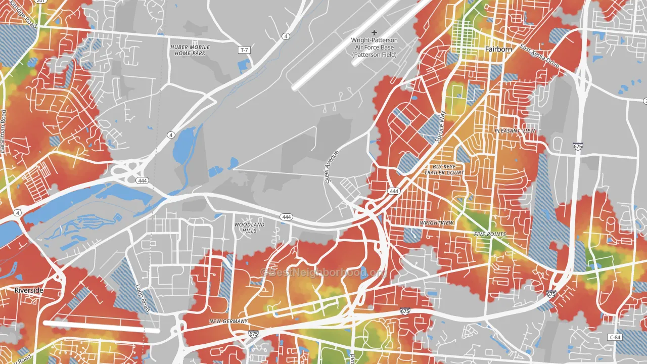 Walk Grade map of 45433, OH, walkable areas in green and car-dependent areas in red