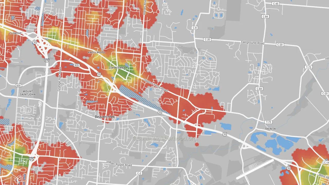 Walk Grade map of 45434, OH, walkable areas in green and car-dependent areas in red