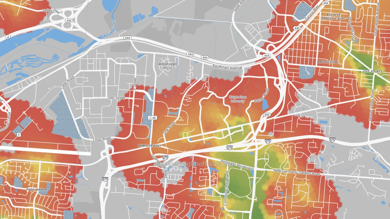 Walk Grade map of 45435, OH, walkable areas in green and car-dependent areas in red