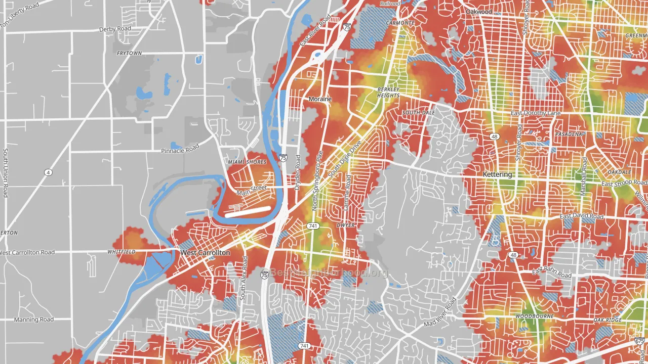 Walk Grade map of 45439, OH, walkable areas in green and car-dependent areas in red