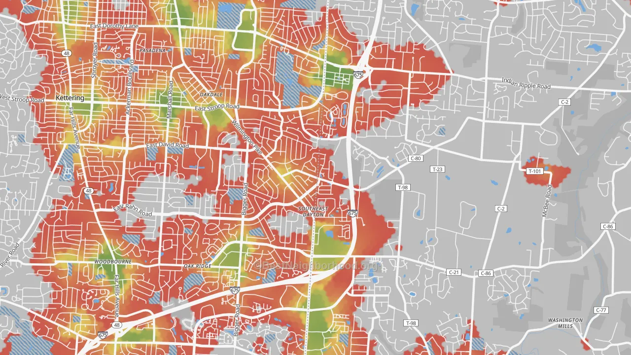 Walk Grade map of 45440, OH, walkable areas in green and car-dependent areas in red